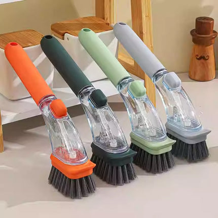 Orange Long-Handled Liquid Dispensing Pot Scrubber – Multi-Use Kitchen Cleaning Brush with Built-In Detergent Reservoir.