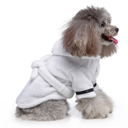 White Cozy Pet Bathrobe Sleepwear – Plush Fleece Dog Robe with Hood and Adjustable Waistband for Small to Medium Breeds(Size:XL).