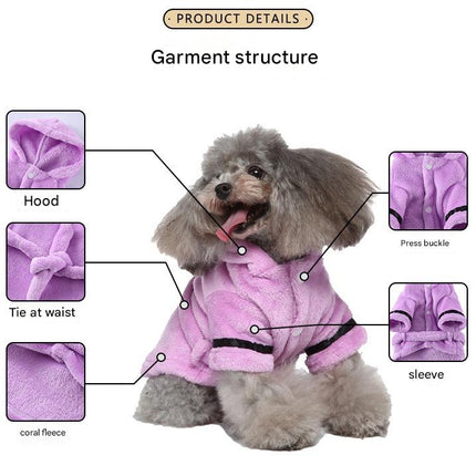Purple Cozy Pet Bathrobe Sleepwear – Plush Fleece Dog Robe with Hood and Adjustable Waistband for Small to Medium Breeds(Size:XL).