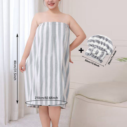 Grey Coral Fleece Bath Skirt with Matching Hair Towel – Soft Absorbent Wrap Dress for Women, Quick-Dry Shower Robe Set with Elastic Waistband and Adjustable Fit.