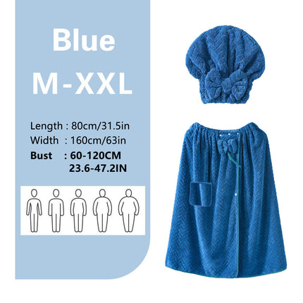 Grey Coral Fleece Bath Skirt with Matching Hair Towel – Soft Absorbent Wrap Dress for Women, Quick-Dry Shower Robe Set with Elastic Waistband and Adjustable Fit.