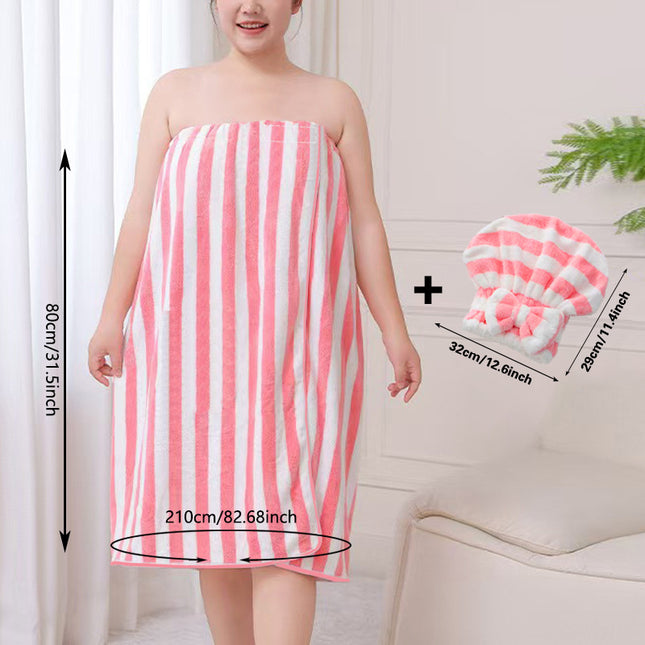 Pink Coral Fleece Bath Skirt with Matching Hair Towel – Soft Absorbent Wrap Dress for Women, Quick-Dry Shower Robe Set with Elastic Waistband and Adjustable Fit.