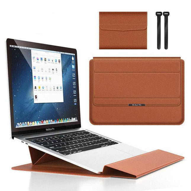 Brown 3-in-1 Laptop Sleeve with Built-In Stand & Wrist Rest – Waterproof PU Protective Case for 13/14 Inch Laptops, Portable and Ergonomic Design.