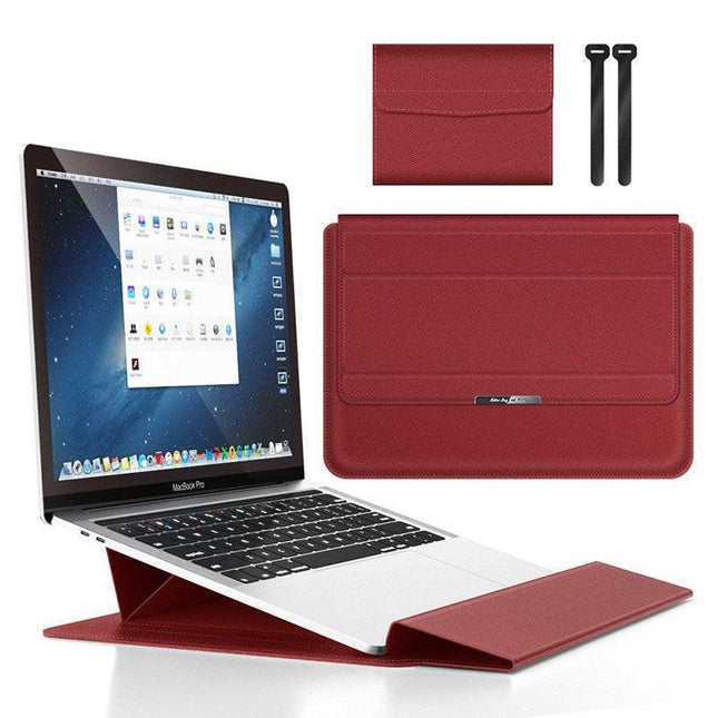 Red 3-in-1 Laptop Sleeve with Built-In Stand & Wrist Rest – Waterproof PU Protective Case for 13/14 Inch Laptops, Portable and Ergonomic Design.