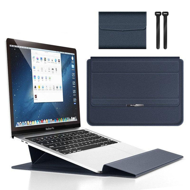 Deep Blue 3-in-1 Laptop Sleeve with Built-In Stand & Wrist Rest – Waterproof PU Protective Case for 13/14 Inch Laptops, Portable and Ergonomic Design.
