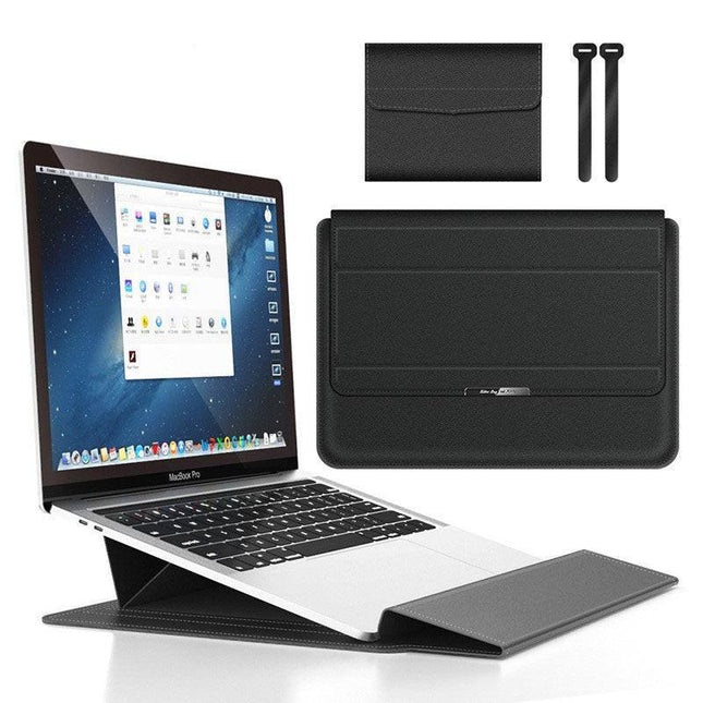 Black 3-in-1 Laptop Sleeve with Built-In Stand & Wrist Rest – Waterproof PU Protective Case for 15/16 Inch Laptops, Portable and Ergonomic Design.
