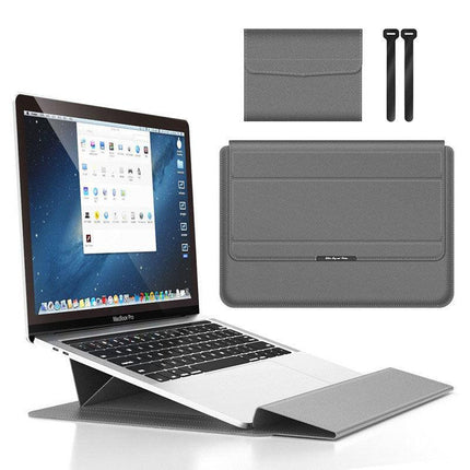 Grey 3-in-1 Laptop Sleeve with Built-In Stand & Wrist Rest – Waterproof PU Protective Case for 15/16 Inch Laptops, Portable and Ergonomic Design.