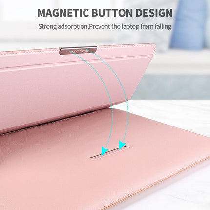 Grey 3-in-1 Laptop Sleeve with Built-In Stand & Wrist Rest – Waterproof PU Protective Case for 15/16 Inch Laptops, Portable and Ergonomic Design.