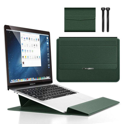 Dark green 3-in-1 Laptop Sleeve with Built-In Stand & Wrist Rest – Waterproof PU Protective Case for 15/16 Inch Laptops, Portable and Ergonomic Design.