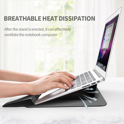 Dark green 3-in-1 Laptop Sleeve with Built-In Stand & Wrist Rest – Waterproof PU Protective Case for 15/16 Inch Laptops, Portable and Ergonomic Design.