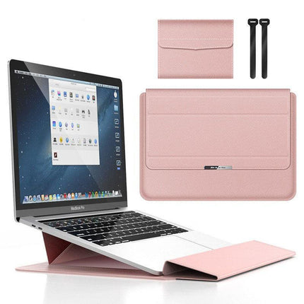 Rose gold 3-in-1 Laptop Sleeve with Built-In Stand & Wrist Rest – Waterproof PU Protective Case for 15/16 Inch Laptops, Portable and Ergonomic Design.
