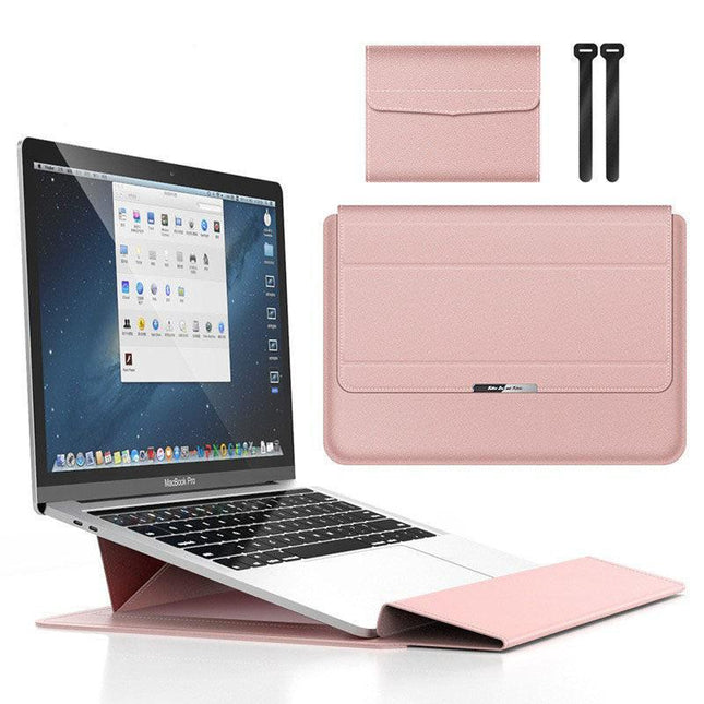 Rose gold 3-in-1 Laptop Sleeve with Built-In Stand & Wrist Rest – Waterproof PU Protective Case for 15/16 Inch Laptops, Portable and Ergonomic Design.