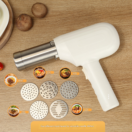 White Wireless Handheld Electric Pasta Maker – Rechargeable Dough Extruder with 5 Nozzles for Homemade Noodles, Spaghetti, Fettuccine & Sausage Stuffer, USB-C Charged.
