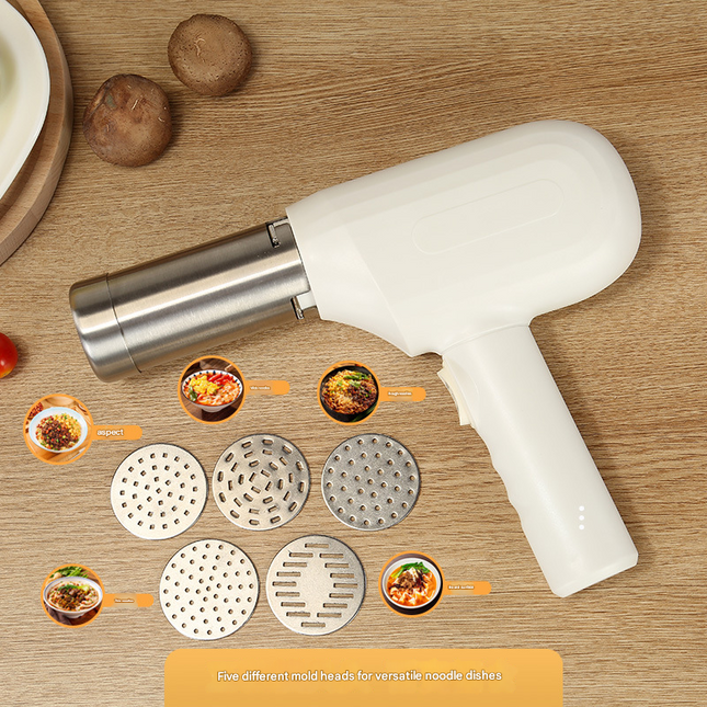 White Wireless Handheld Electric Pasta Maker – Rechargeable Dough Extruder with 5 Nozzles for Homemade Noodles, Spaghetti, Fettuccine & Sausage Stuffer, USB-C Charged.