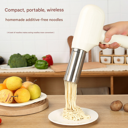 White Wireless Handheld Electric Pasta Maker – Rechargeable Dough Extruder with 5 Nozzles for Homemade Noodles, Spaghetti, Fettuccine & Sausage Stuffer, USB-C Charged.