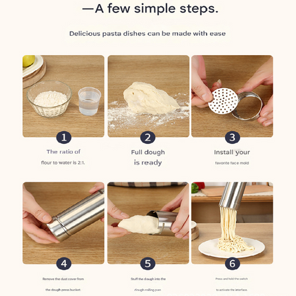White Wireless Handheld Electric Pasta Maker – Rechargeable Dough Extruder with 5 Nozzles for Homemade Noodles, Spaghetti, Fettuccine & Sausage Stuffer, USB-C Charged.