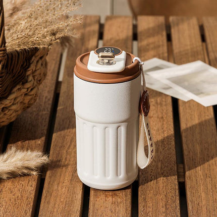 Coffee color Smart Digital Insulated Coffee Mug with 316 Stainless Steel Inner Liner – Vacuum-Sealed Travel Tumbler with Temperature Display, USB-C Rechargeable, Leak-Proof Lid for Hot and Cold Beverages.