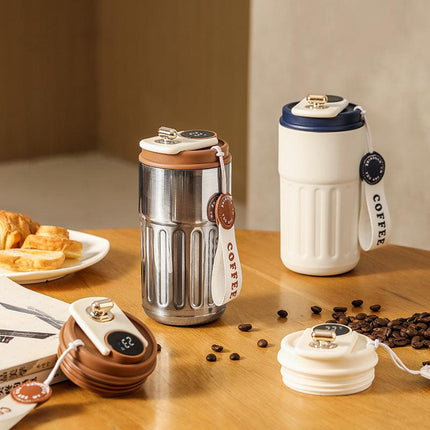 Coffee color Smart Digital Insulated Coffee Mug with 316 Stainless Steel Inner Liner – Vacuum-Sealed Travel Tumbler with Temperature Display, USB-C Rechargeable, Leak-Proof Lid for Hot and Cold Beverages.
