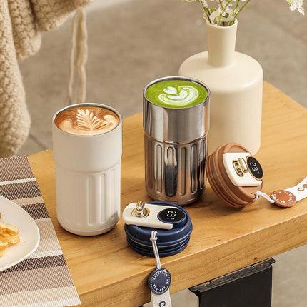 White Smart Digital Insulated Coffee Mug with 316 Stainless Steel Inner Liner – Vacuum-Sealed Travel Tumbler with Temperature Display, USB-C Rechargeable, Leak-Proof Lid for Hot and Cold Beverages.