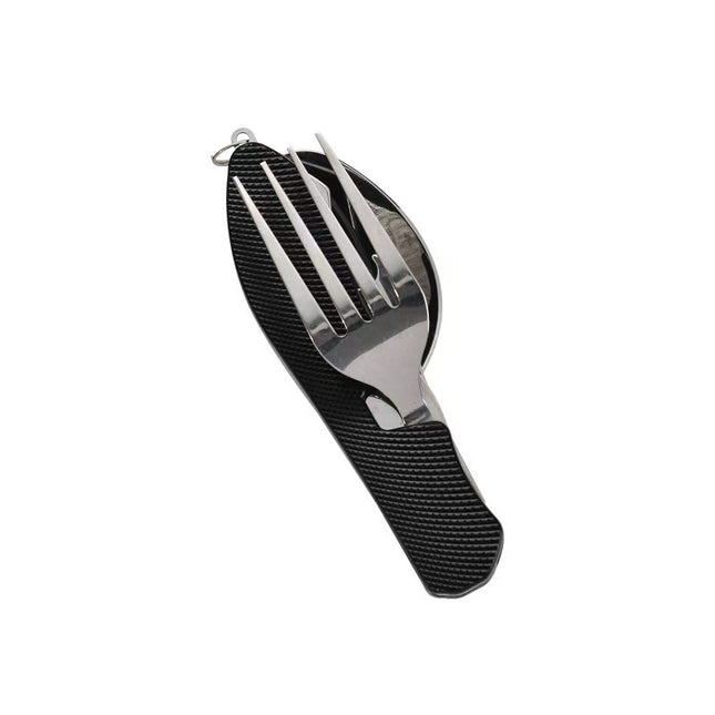 2-PCS Black Stainless Steel Folding Cutlery Set – Compact 3-in-1 Knife, Fork, Spoon with Removable Design for Outdoor Camping, Hiking, Travel, and Picnic Use.