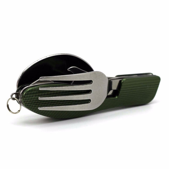 2-PCS Green Stainless Steel Folding Cutlery Set – Compact 3-in-1 Knife, Fork, Spoon with Removable Design for Outdoor Camping, Hiking, Travel, and Picnic Use.