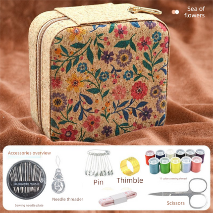 Brown Flower Sea Style Portable Sewing Kit – Compact Travel Set with Needles, Thread, Scissors, Thimble, and Pin Cushion for Home, Dorm, or Emergency Repairs.