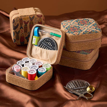 Brown Flower Sea Style Portable Sewing Kit – Compact Travel Set with Needles, Thread, Scissors, Thimble, and Pin Cushion for Home, Dorm, or Emergency Repairs.