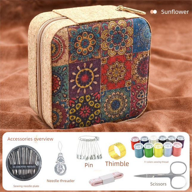 Brown Sunflower Design Portable Sewing Kit – Compact Travel Set with Needles, Thread, Scissors, Thimble, and Pin Cushion for Home, Dorm, or Emergency Repairs.