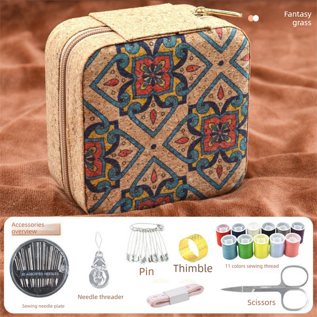 Brown Fantasy Grass Portable Sewing Kit – Compact Travel Set with Needles, Thread, Scissors, Thimble, and Pin Cushion for Home, Dorm, or Emergency Repairs.