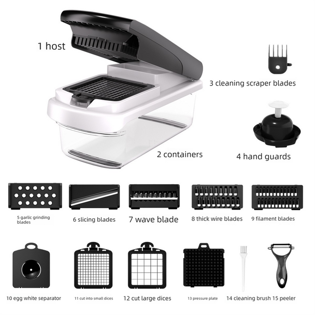 Black Multifunctional Vegetable Slicer – Manual Kitchen Cutter with Adjustable Blades for Slicing, Dicing, Shredding, Garlic Grinding, and Egg White Separation.