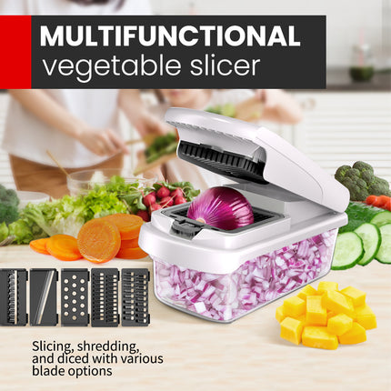 Black Multifunctional Vegetable Slicer – Manual Kitchen Cutter with Adjustable Blades for Slicing, Dicing, Shredding, Garlic Grinding, and Egg White Separation.