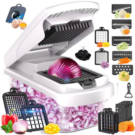 Black Multifunctional Vegetable Slicer – Manual Kitchen Cutter with Adjustable Blades for Slicing, Dicing, Shredding, Garlic Grinding, and Egg White Separation.