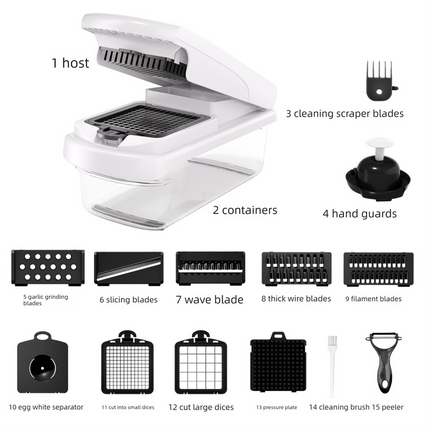White Multifunctional Vegetable Slicer – Manual Kitchen Cutter with Adjustable Blades for Slicing, Dicing, Shredding, Garlic Grinding, and Egg White Separation.