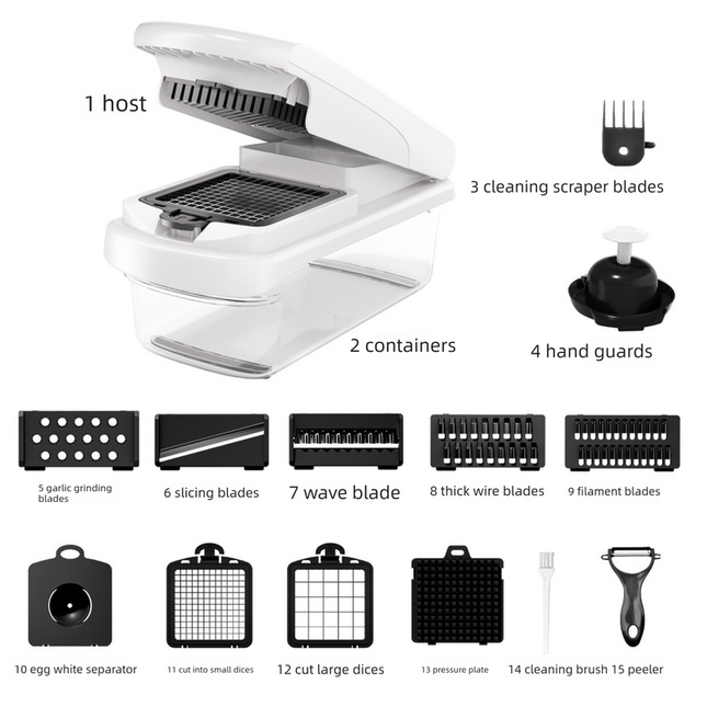 White Multifunctional Vegetable Slicer – Manual Kitchen Cutter with Adjustable Blades for Slicing, Dicing, Shredding, Garlic Grinding, and Egg White Separation.