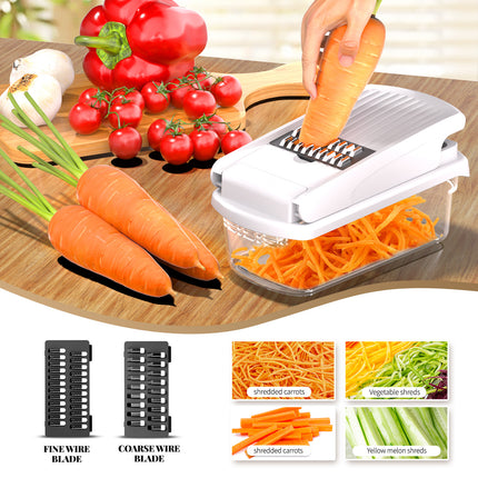White Multifunctional Vegetable Slicer – Manual Kitchen Cutter with Adjustable Blades for Slicing, Dicing, Shredding, Garlic Grinding, and Egg White Separation.