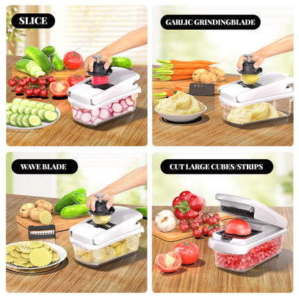White Multifunctional Vegetable Slicer – Manual Kitchen Cutter with Adjustable Blades for Slicing, Dicing, Shredding, Garlic Grinding, and Egg White Separation.