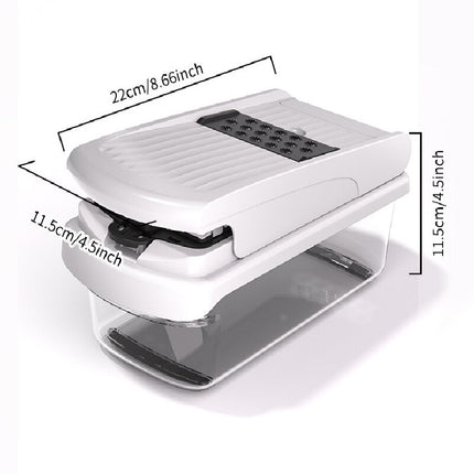 White Multifunctional Vegetable Slicer – Manual Kitchen Cutter with Adjustable Blades for Slicing, Dicing, Shredding, Garlic Grinding, and Egg White Separation.