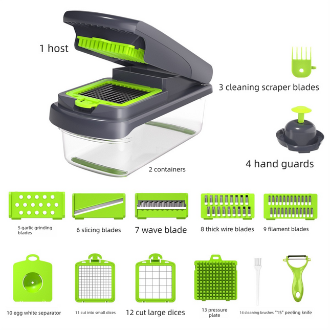 Green Multifunctional Vegetable Slicer – Manual Kitchen Cutter with Adjustable Blades for Slicing, Dicing, Shredding, Garlic Grinding, and Egg White Separation.