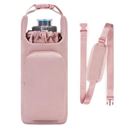 Pink Insulated Water Bottle Carrier with Shoulder Strap – Portable Sleeve for Large Bottles, Featuring Front Pocket and Key Hook.