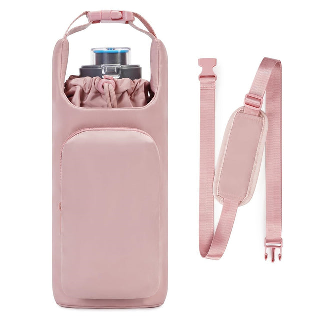 Pink Insulated Water Bottle Carrier with Shoulder Strap – Portable Sleeve for Large Bottles, Featuring Front Pocket and Key Hook.