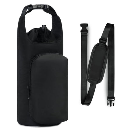 Black Insulated Water Bottle Carrier with Shoulder Strap – Portable Sleeve for Large Bottles, Featuring Front Pocket and Key Hook.