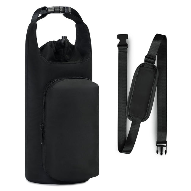 Black Insulated Water Bottle Carrier with Shoulder Strap – Portable Sleeve for Large Bottles, Featuring Front Pocket and Key Hook.