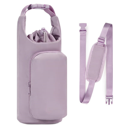 Purple Insulated Water Bottle Carrier with Shoulder Strap – Portable Sleeve for Large Bottles, Featuring Front Pocket and Key Hook.