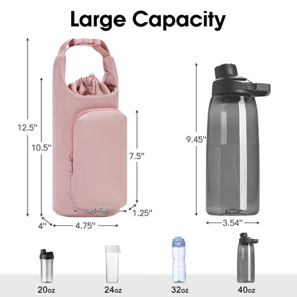 Purple Insulated Water Bottle Carrier with Shoulder Strap – Portable Sleeve for Large Bottles, Featuring Front Pocket and Key Hook.