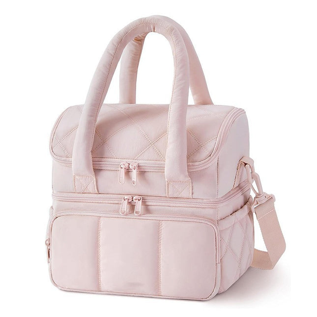 Pink Double-Layer Insulated Lunch Bag – Quilted Design with Top and Bottom Compartments, Shoulder Strap, and Smooth Two-Way Zippers.
