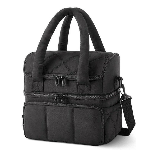 Black Double-Layer Insulated Lunch Bag – Quilted Design with Top and Bottom Compartments, Shoulder Strap, and Smooth Two-Way Zippers.