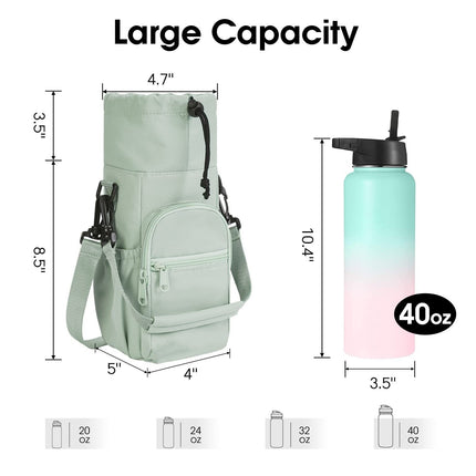 Green Water Bottle Carrier with Drawstring Closure – Adjustable Shoulder Strap, Front Pocket, and Side Storage for Daily Use.