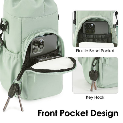 Pink Water Bottle Carrier with Drawstring Closure – Adjustable Shoulder Strap, Front Pocket, and Side Storage for Daily Use.