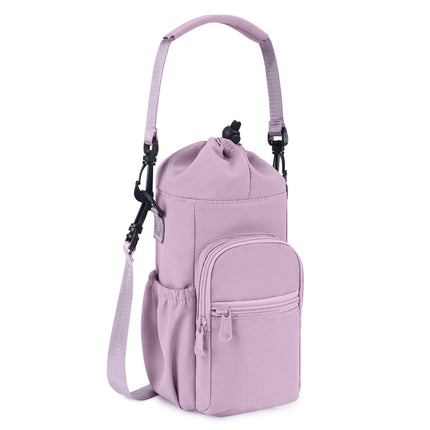 Purple Water Bottle Carrier with Drawstring Closure – Adjustable Shoulder Strap, Front Pocket, and Side Storage for Daily Use.