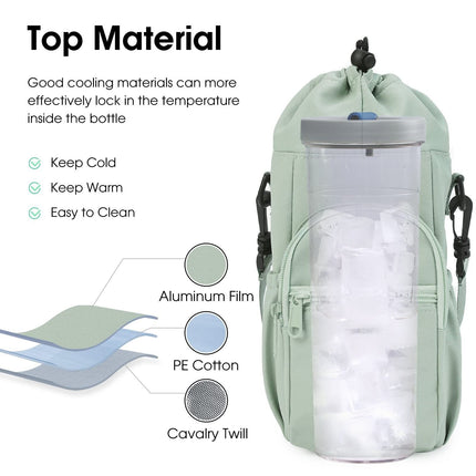 Purple Water Bottle Carrier with Drawstring Closure – Adjustable Shoulder Strap, Front Pocket, and Side Storage for Daily Use.